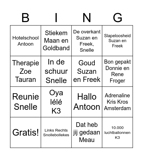 Huis de B muziek bingo Card