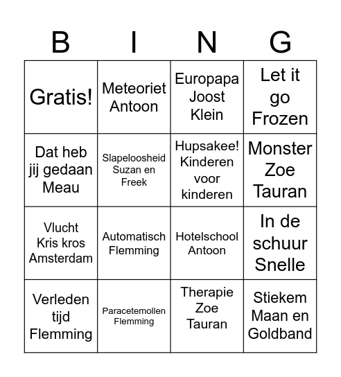 Huis de B muziek bingo Card