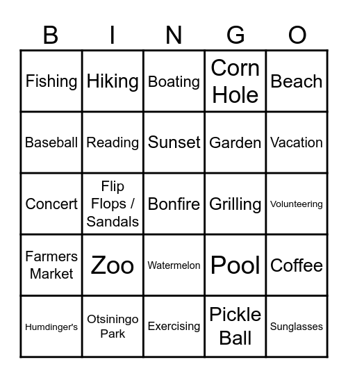 Valley Church Summer Selfie Bingo Card