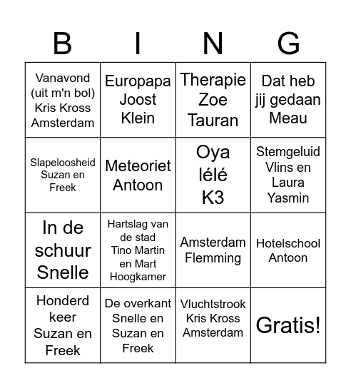 Huis de B muziek bingo Card