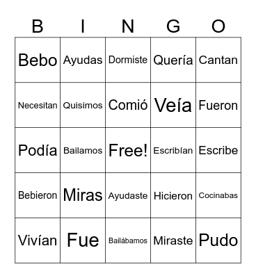 Spanish Verbs Bingo Card