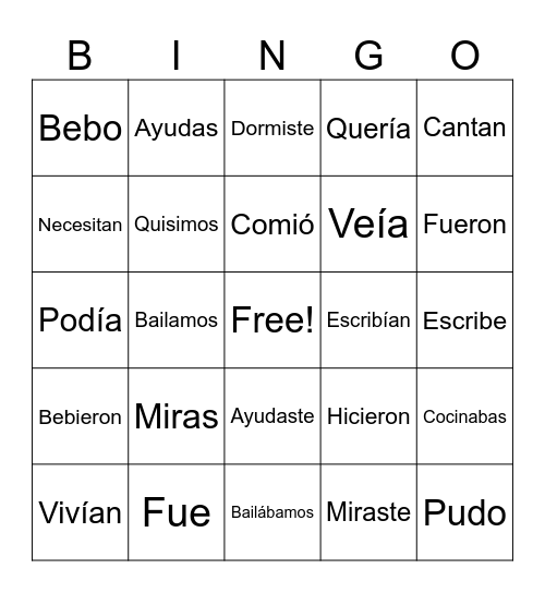 Spanish Verbs Bingo Card