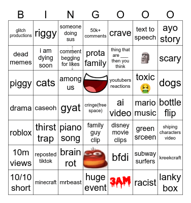 yt shorts bingo Card