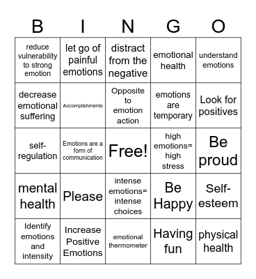 Emotional Regulation Bingo Card