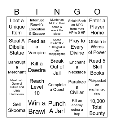 Skyrim Bingo Card
