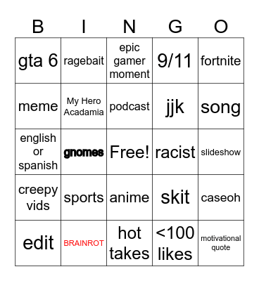 tiktok bingo Card