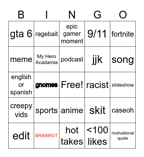 tiktok bingo Card