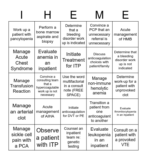 Hematology Fellowship Inpatient Bingo Card