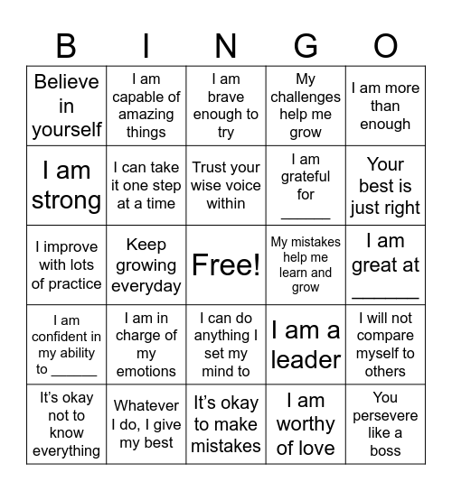 Positive Affirmations Bingo Card