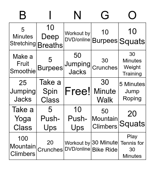 Fitness Activity Bingo Card