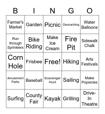 Summer Fun Bingo Card