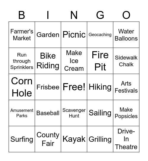 Summer Fun Bingo Card
