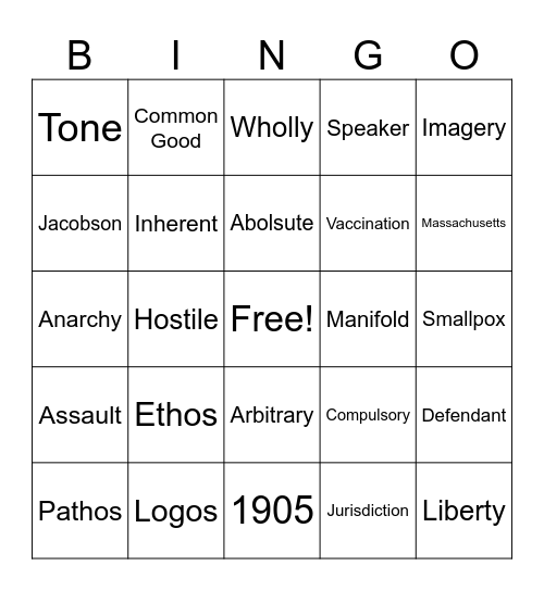 Jacobson v. Massachusetts, 1905 Vocabulary Bingo Card