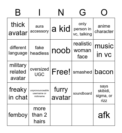 Roblox Bingo Card