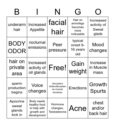 Boys Puberty Bingo Card