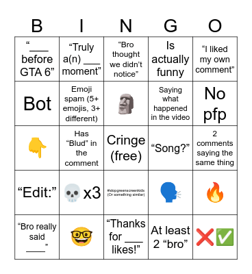 YT Shorts Comments Bingo Card