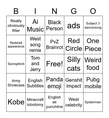 Chinese Tiktok Slop Bingo Card