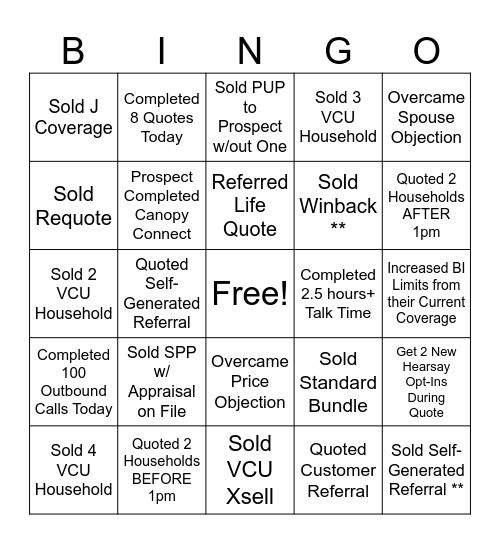 SALES CHALLENGE BINGO Card