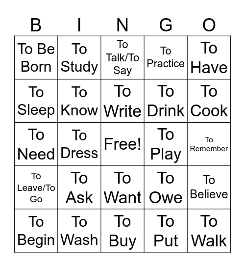 Verbs Bingo Card