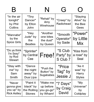 British Music Songs Bingo Card