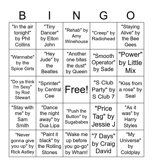 British Music Songs Bingo Card