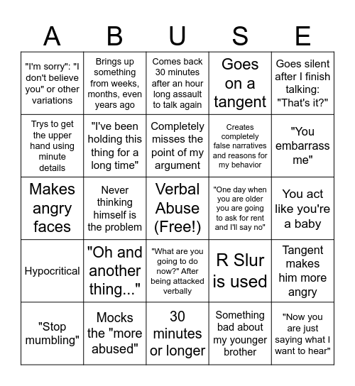Verbal Assaults with my Sperm Donor Bingo Card