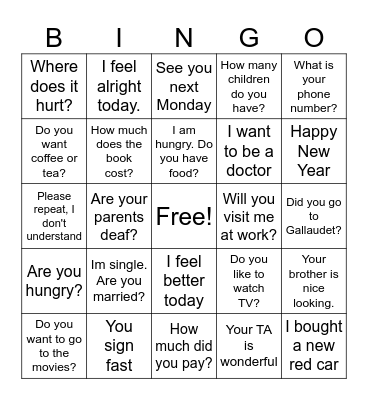 ASL BINGO! Bingo Card