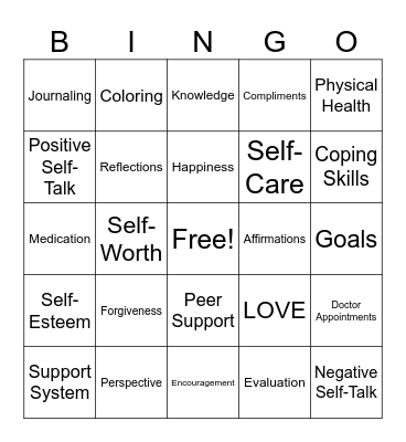 Self-Esteem Bingo Card