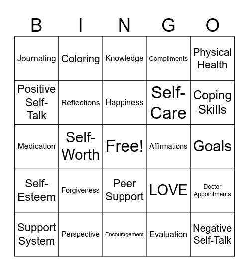 Self-Esteem Bingo Card