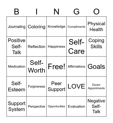 Self-Esteem Bingo Card