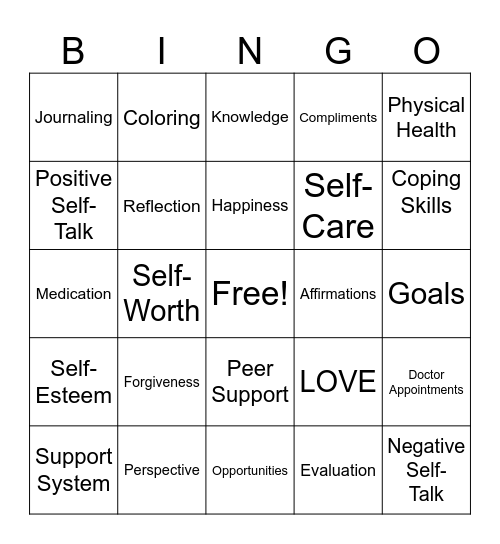 Self-Esteem Bingo Card