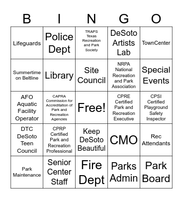 Parks and Recreation Month! Bingo Card