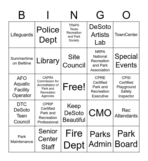 Parks and Recreation Month! Bingo Card