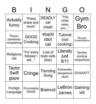 Instagram reels Bingo Card