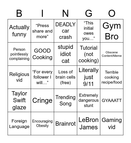 Instagram reels Bingo Card