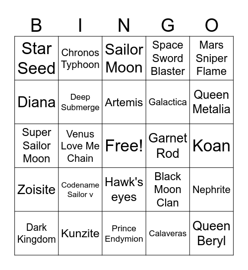 Pretty Guardian Sailor Moon Bingo Card