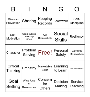 4-H Life Skills BINGO Card