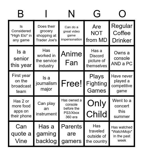 Broadcast Team Training Bingo Card