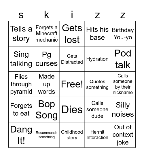 Skizz-go Bingo Card