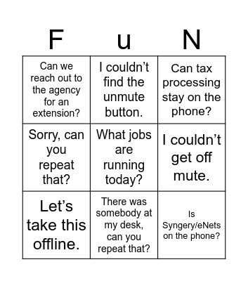 Quarter Filing Bingo Card