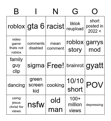 yt shorts Bingo Card