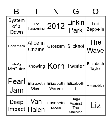 Famous Liz's, Disaster Movies, & Rock Bingo Card