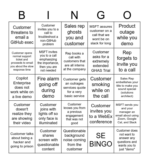 SE Call Bingo Card