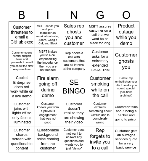 SE Call Bingo Card