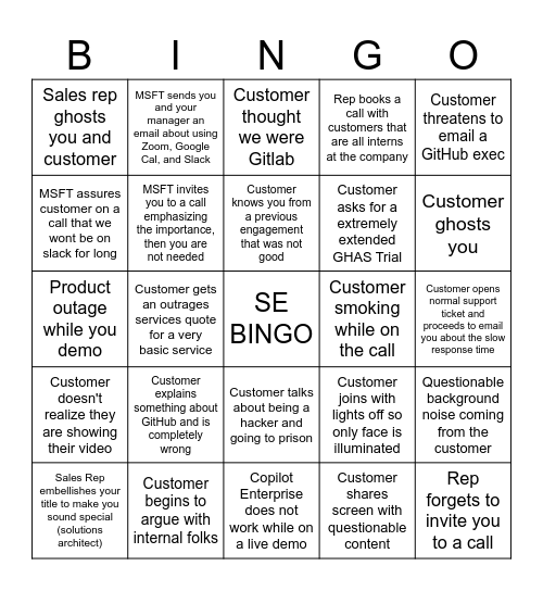 SE Call Bingo Card