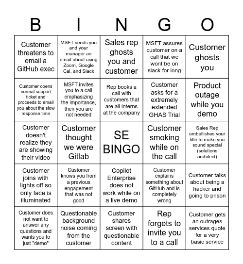 SE Call Bingo Card