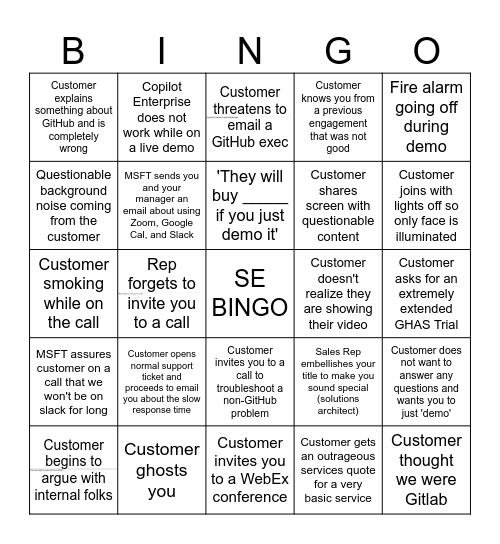 SE Call Bingo Card