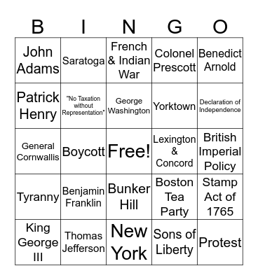 Revolutionary War Bingo Card