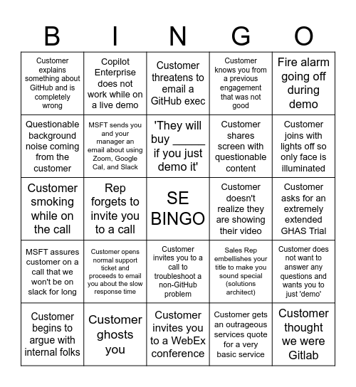 SE Call Bingo Card