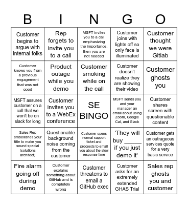 SE Call Bingo Card